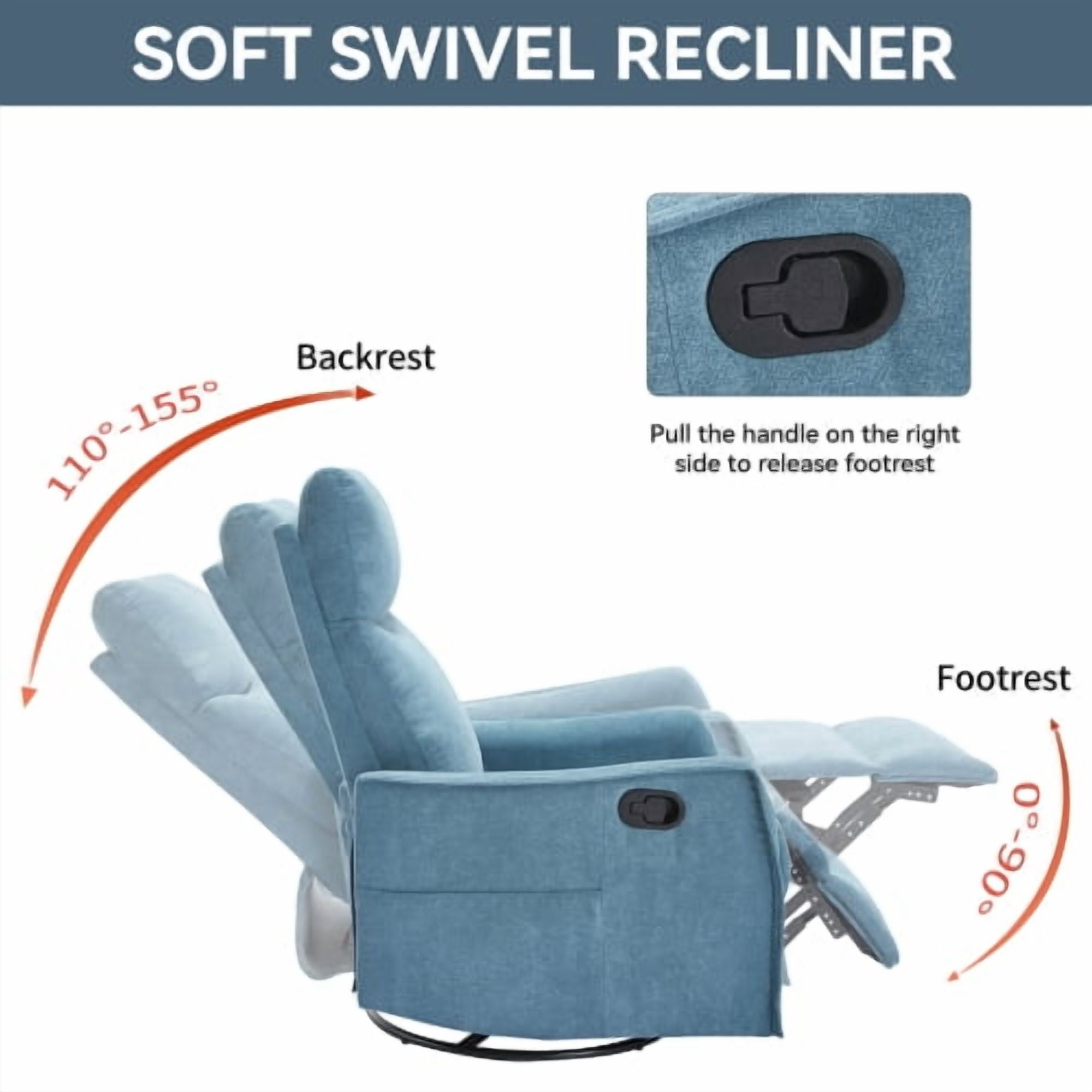 Leumius Recliner Chair with Massage and Heat,360° Manual Swivel Rocker Chair for Adults,Upholstered Fabric Glider Recliner Nursery Chair with Side Pockets for Living Room,Blue