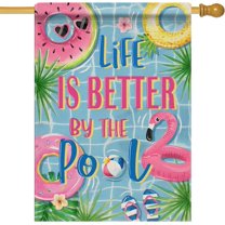 Summer Life is Better by The Pool 28 x 40 House Flag Double Sided, Flamingo Swim Rings Tropical Palm Leaves Garden Yard Decoration, Flip Flops Ball Outdoor Décor Decorative Large Flag