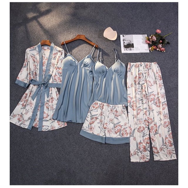 Pijama de seda de verano para mujer con almohadilla en el pecho, cárdigan estampado, ropa de casa fina de cinco piezas de seda