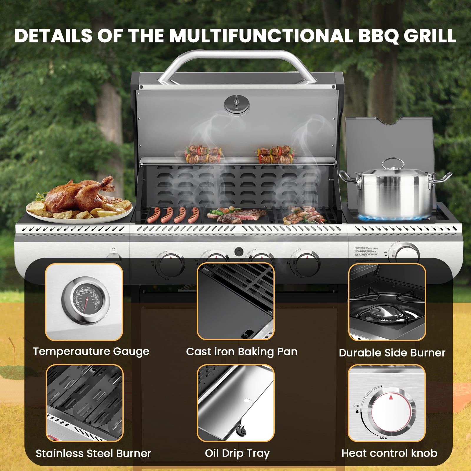 4-Burner Propane Gas BBQ Grill with Side Burner, Porcelain-Enameled Cast Iron Grates, and Baking Pan (42,000 BTU). Ideal for Outdoor Cooking and Patio Barbecues.