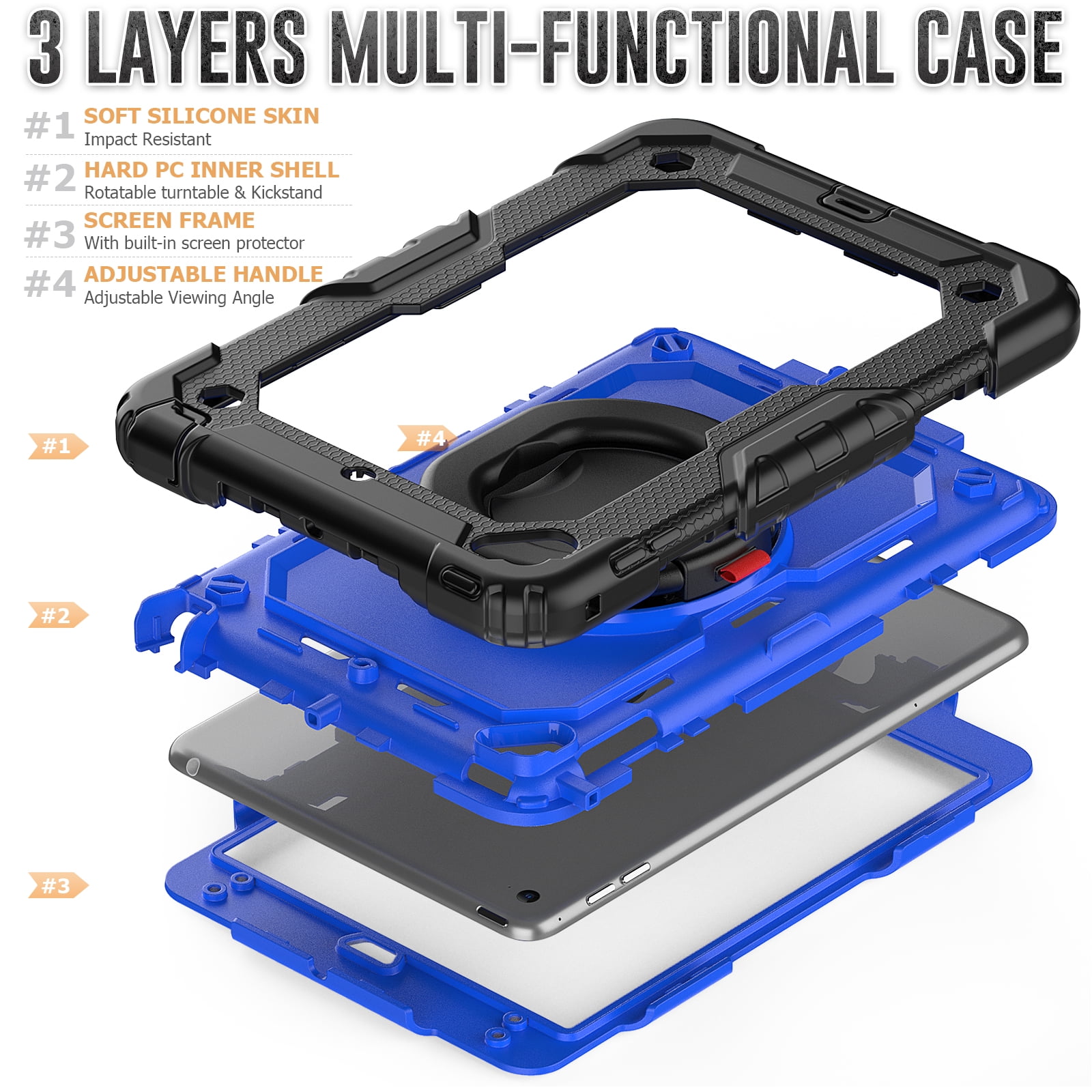 Dteck iPad mini 5 Case / iPad mini 6 Case with Built in Screen Protector, Child Proof Heavy Duty Shockproof Kids Case with Rotating Stand Handle Pencil Holder for iPad mini 5/4 7.9", Black + Blue