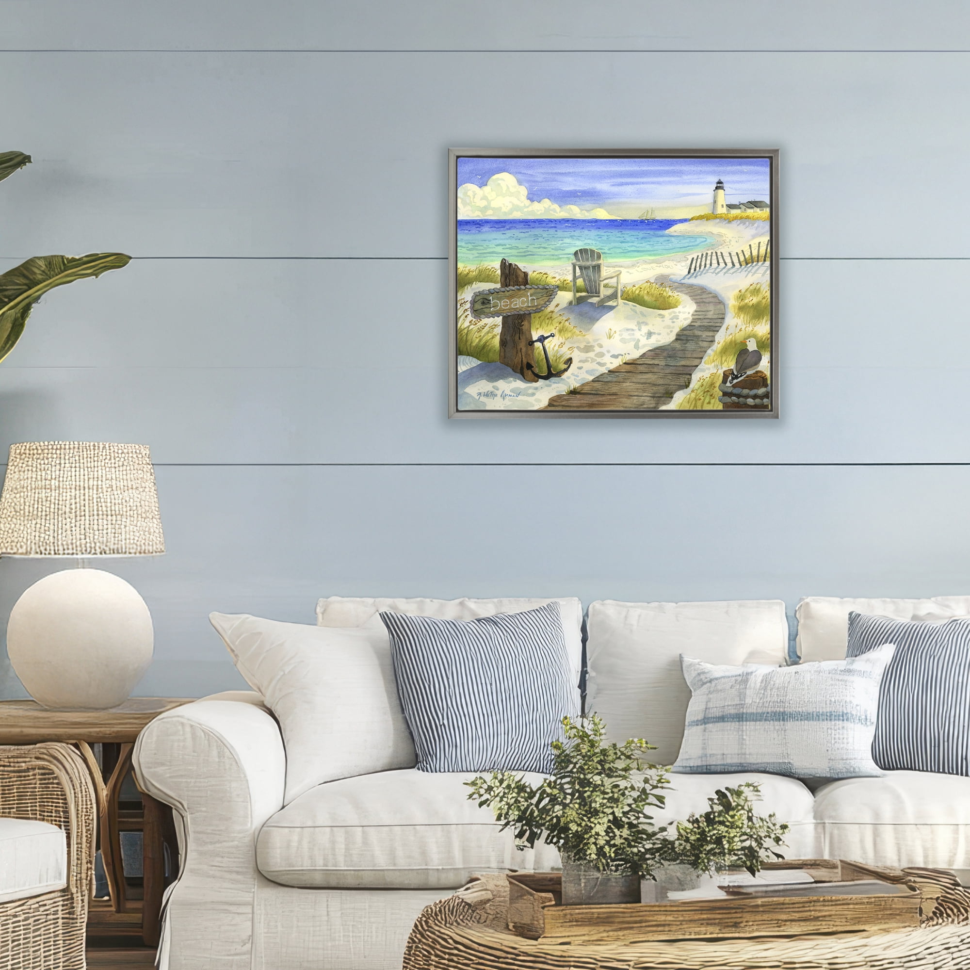 Stupell Industries Boardwalk To The Lighthouse Gray Framed Floater Canvas Wall Art, design by Robin Altman