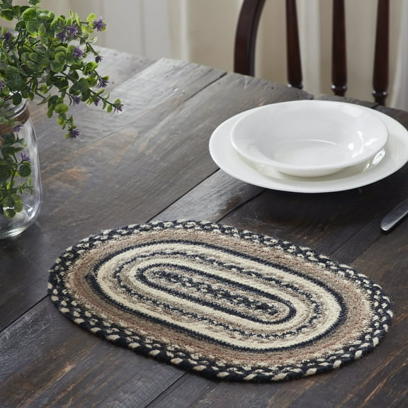VHC Brands Sawyer Mill, Dining Table Placemat, Braided Jute, Oval, Charcoal Creme, 10x16