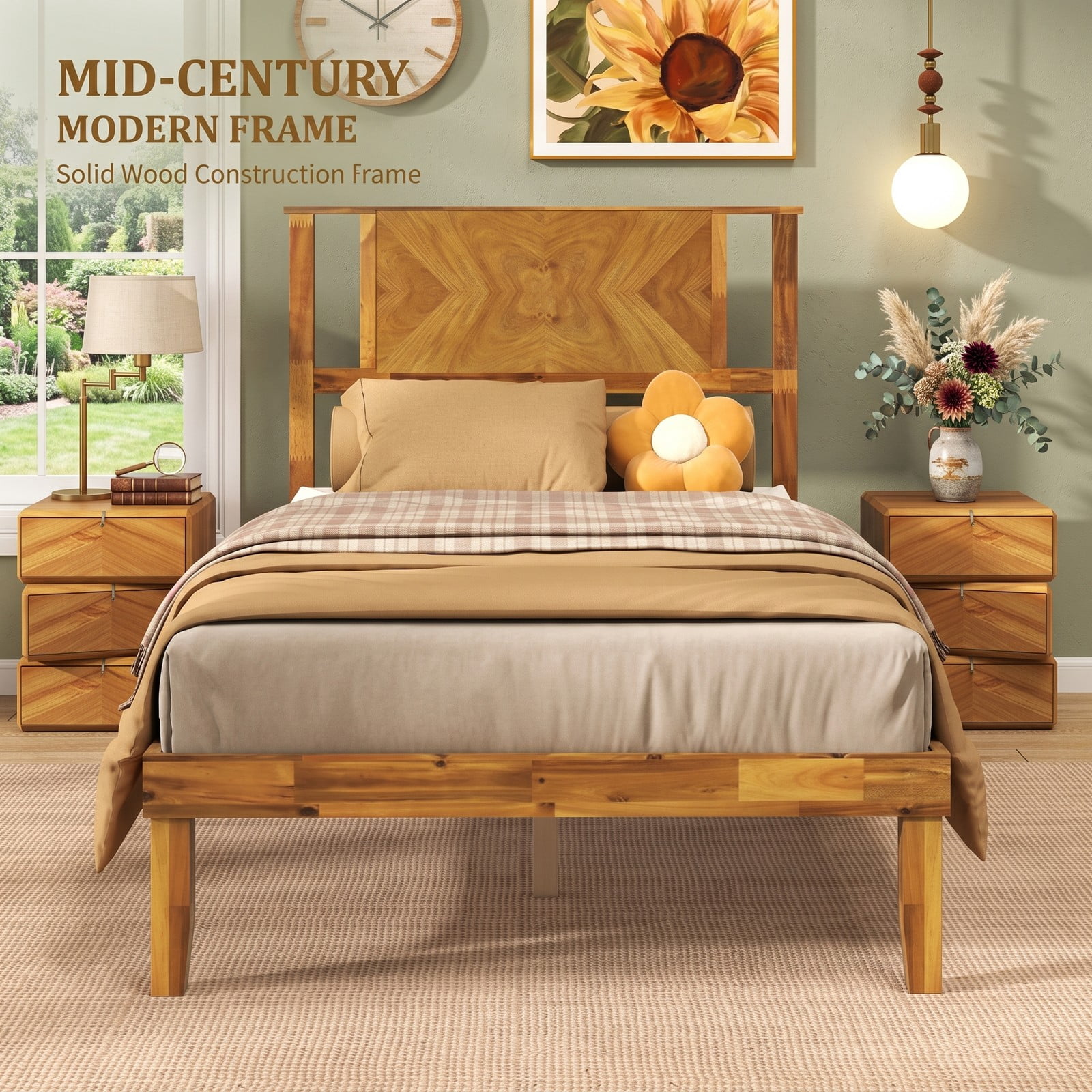 Furnibear Queen Size Bed Frame with Mid-Century Headboard, Acacia Wood Platform Bed Frame with Slat Support, Rustic Golden Brown