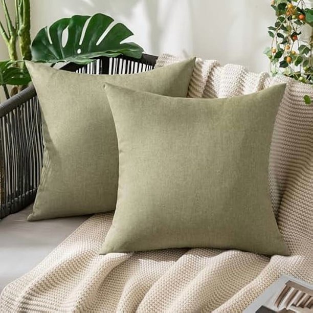 Chenchen Pack of 2 Decorative Outdoor Solid Waterproof Throw Pillow Covers Spring Faux Linen Garden Farmhouse Cushion Cases for Patio Tent Balcony Couch Sofa 18x18 Inch Light Olive Green