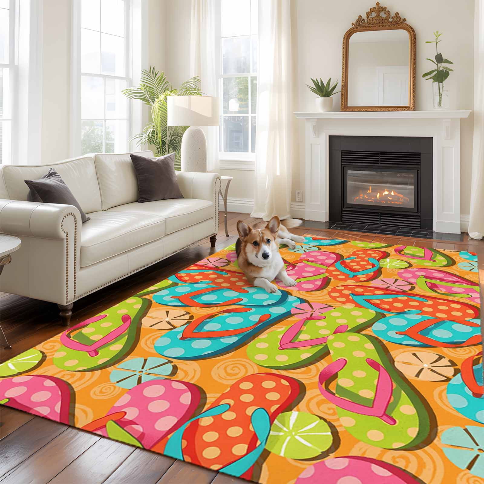Watercolor Flip Flop Area Rugs 5'x7', Washable Small Throw Rugs for Laundry Room Playroom, Summer Coastal Beach Slippers Indoor Outdoor Rug Non-Slip Low Pile Carpet Runner Reversible Floor Mats