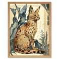 thumbnail image 1 of Serval Cat with Teal Plants Watercolour Portrait Modern Illustration Art Print Framed Poster Wall Decor 12x16 inch, 1 of 5
