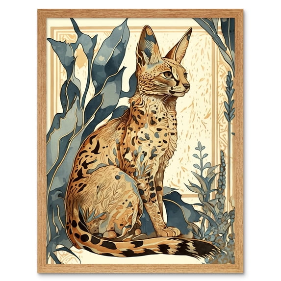 Serval Cat with Teal Plants Watercolour Portrait Modern Illustration Art Print Framed Poster Wall Decor 12x16 inch