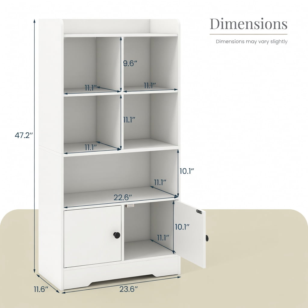 Spaco 4 Tiers Bookshelf with 4 Cubes Display Shelf and 2 Doors-White, Tall Bookshelf, Shelves for Living Room, Home Office, Bedroom, Balcony