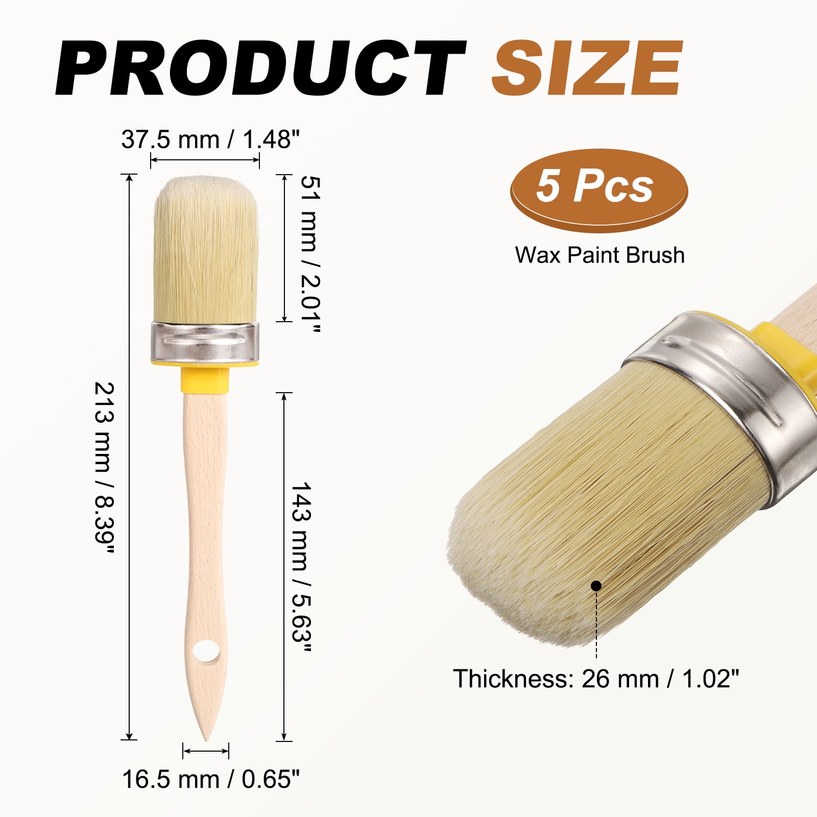 Uxcell  Wax Paint Brushes, 2 x 0.7 Inch Paint Brush, Oval PET Fiber Bristle with Wood Handle, Painting Tool for Furniture DIY Home Decor Art Crafts, Yellow