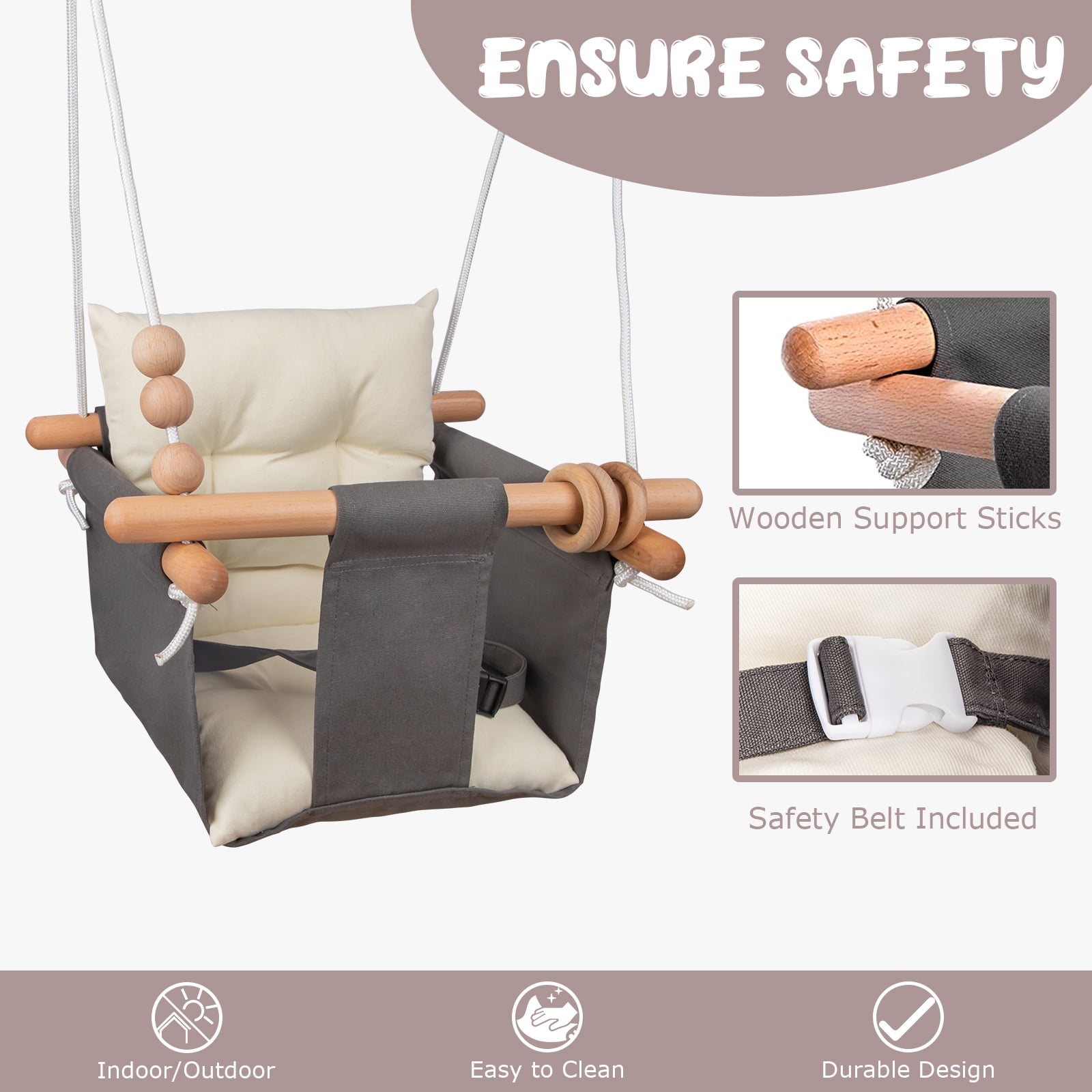 Baby Swing Outdoor Indoor Toddler Swing Seat with Safety Belt, Canvas Hanging Swings Outside Tree Swing Great Gift for Baby Boys Girls Kids Lovers