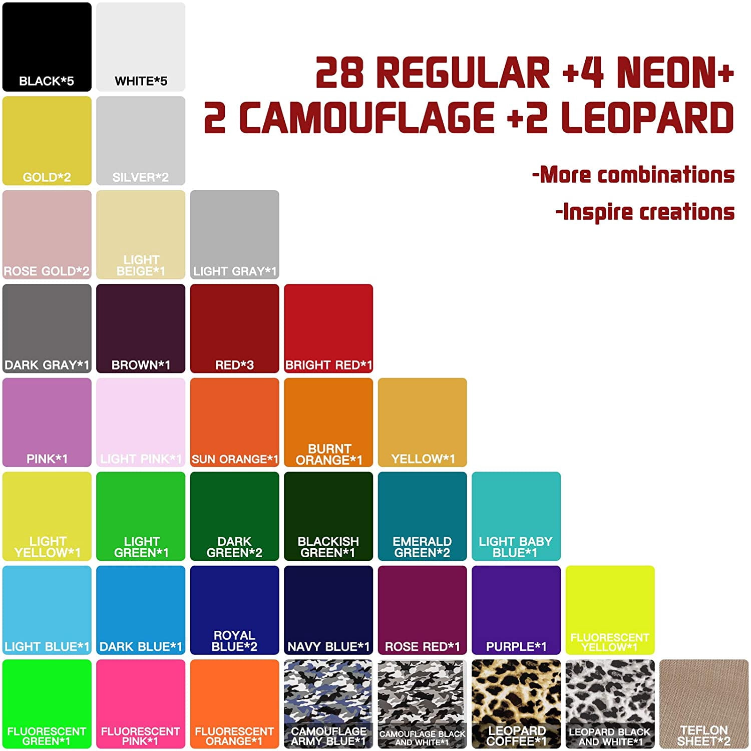 HTVRONT 12" x 10" Heat Transfer Craft Vinyl Sheet, 36 Assorted Colors, 54 Pack