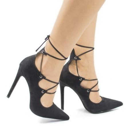Lace Up Stiletto Pump - SammyOJ by Olivia Jaymes, Pointed Toe Corset Lace Leg Wrap Stiletto Heel Pumps