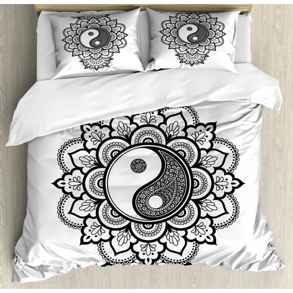 Ethnic Duvet Cover Set Queen Size, Creative Composition of Yin Yang and Oriental Details Flourishes, Decorative 3 Piece Bedding Set with 2 Pillow Shams, Charcoal Grey and White, by Ambesonne