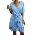thumbnail image 1 of Fridja Lady V-neck Solid Color Chiffon Elastic Waist Ruffled Short-Sleeved Dress, 1 of 8