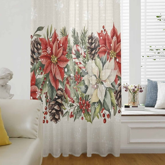 Christmas Poinsettia Semi Sheer Curtains Drapes for Living Room,Bedroom,French Doors Window 45 Inches Long,Xmas Botanical Floral Snowflakes Rod Pocket Chiffon Curtain Drapery Voile Draperies Panel