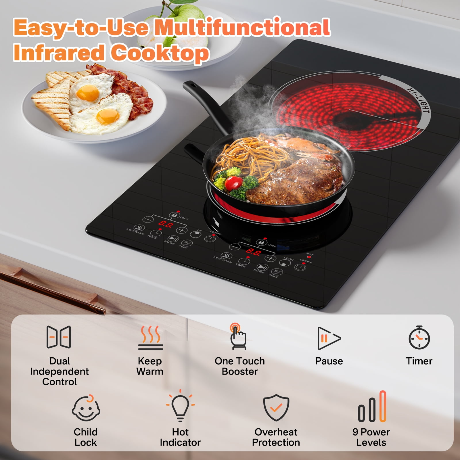 Nardea 12" 2 Burner Electric Cooktop, Built-in Infrared Ceramic Hot Plate with Dual Controls, 120V Plug-in Countertop Cooker, Compact Cooktop Electric for Kitchen & RV