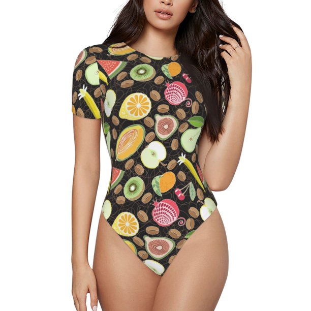 Balery Fruits Body de cuello redondo de manga corta para mujer Tops de manga corta Tops básicos-Large