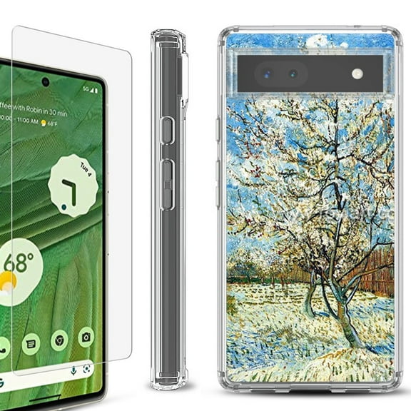 Shockproof Bumper Phone Case for Google Pixel 6a, with Tempered Glass Screen Protector, by OneToughShield ® - Peach Tree Blossom
