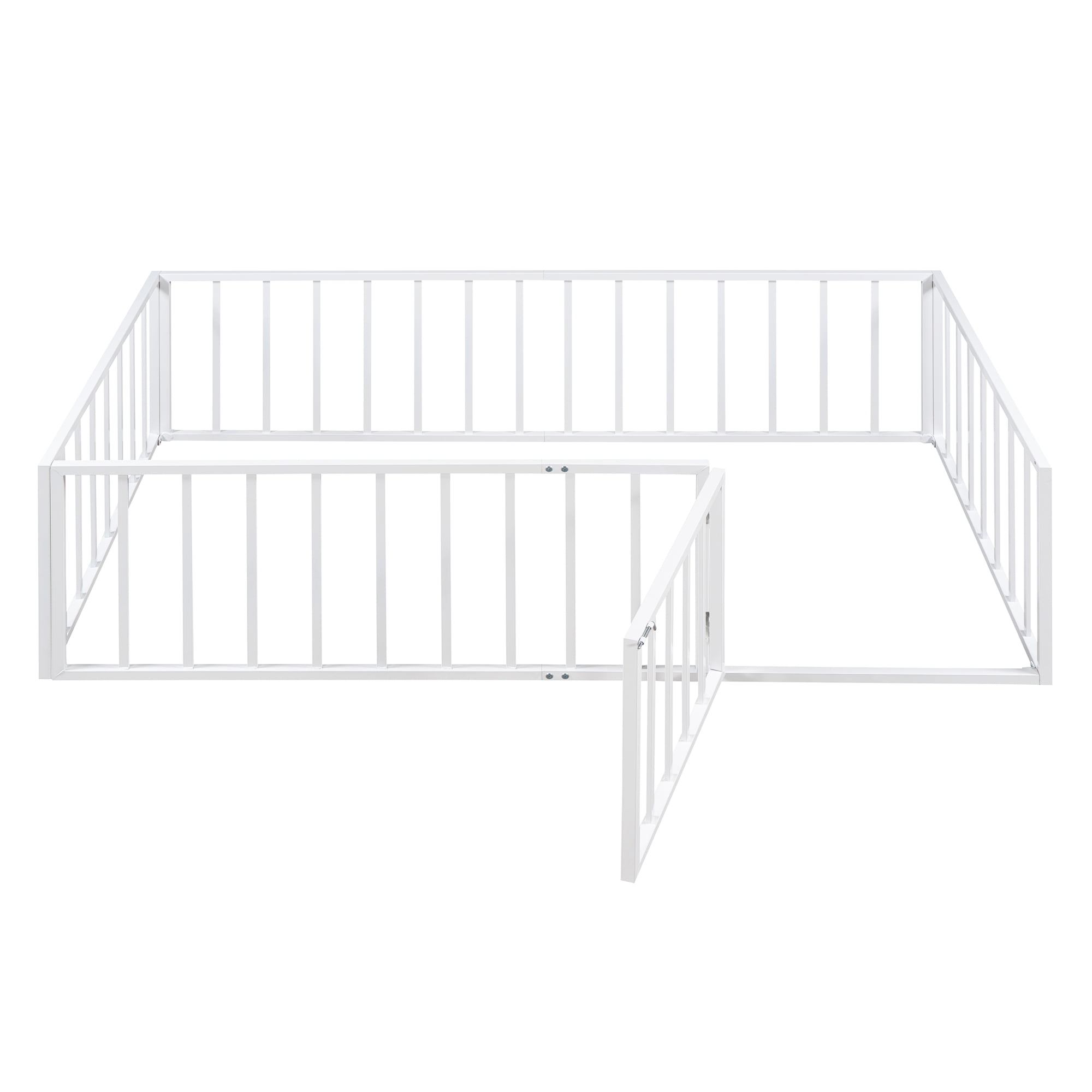 Aukfa Twin Size Metal Bed Frame with with Fence and Door, Floor Bed for Kids Toddler, White