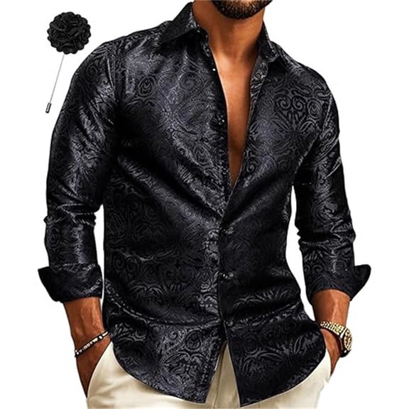 Mens Casual Button Down Long Sleeve Shirt Slim Fit Beach Paisley Print Western Daily Wear Black 4XL