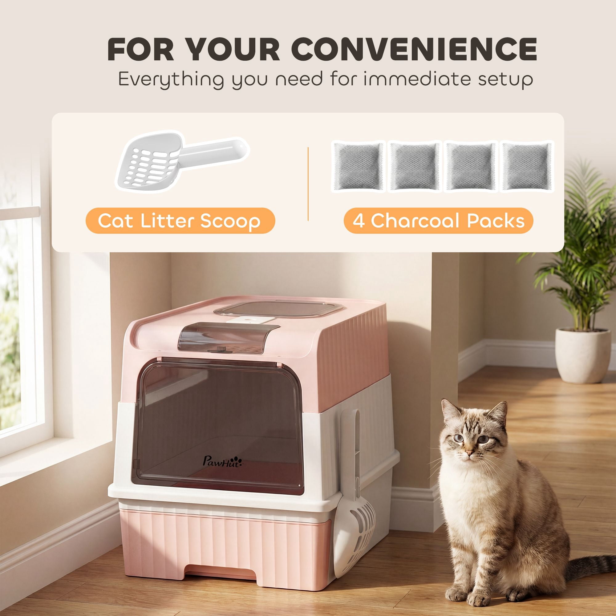 Front Entry Top Exit Enclosed Cat Litter Box with Pull Out Drawer, Litter Tracking Grate, Dual Odor Control Charcoal Slots, Includes Scoop for Cats Up to 9lbs