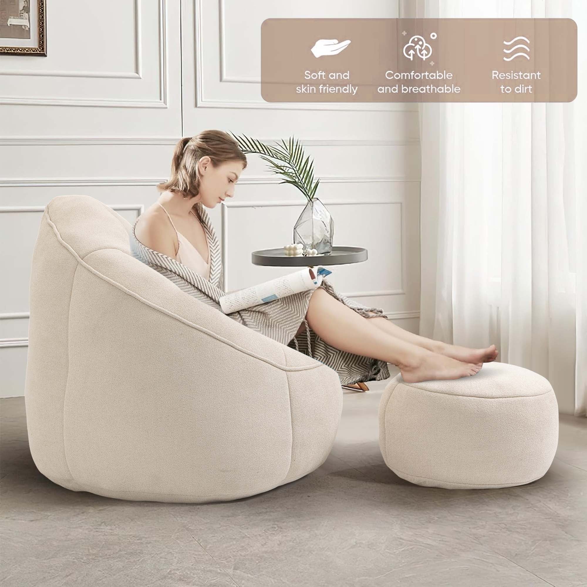 Aukfa Bean Bag Chair, Lazy Sofa Beanbag with Ottoman for Living Room, Dorm - Beige