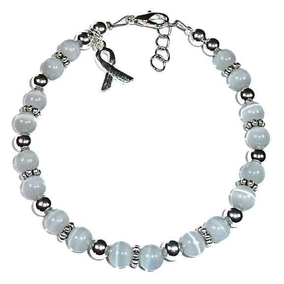 Brain Cancer Awareness Bracelet by Hidden Hollow Beads - 7 3/4 in. - Fits Most Adults - Lobster Clasp (Gray)
