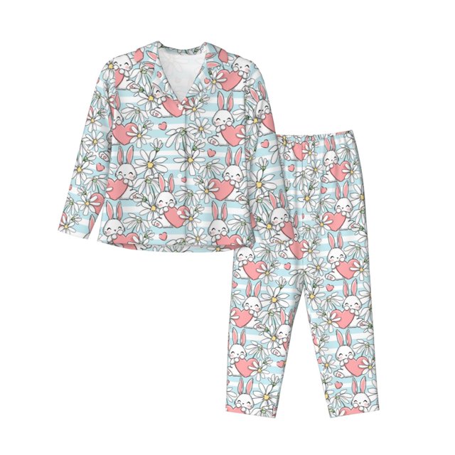 Balery Cute Rabbit And Heart Conjunto de Pijama con Estampado para Mujer, Conjunto de Dos Piezas con Manga Larga, Ropa de Dormir Suave con Bolsillos, Pijamas Cómodos-Medium