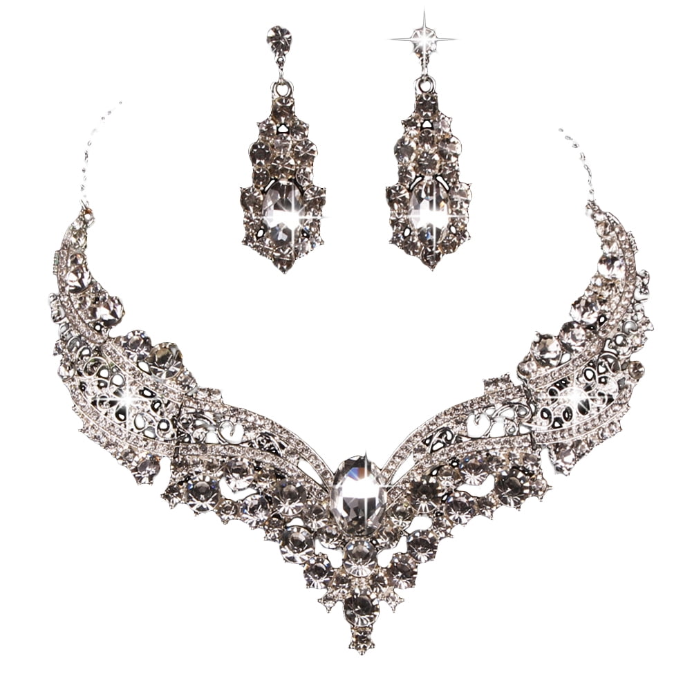 Besufy Adult Jewelry Set Wedding Bridal Queen Style Fully Shiny Rhinestone Necklace Earrings Jewelry Set