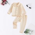 thumbnail image 2 of CAIVO Kids Girls Long Sleeve Lapel Button Down Tops And Pants 2 Piece Pajama Sets Solid Soft Sleepwear For Autumn Casual Little Girl Nightwear Loungewear, 2 of 3