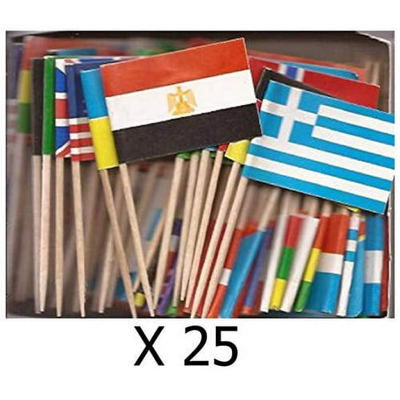 25 Boxes of Assorted Miniature World Toothpick Flags,2500 Small Mini Assorted Country Olympic World Cup Little Flag Cupcake Toothpicks or Cocktail Sticks & Picks (25 Boxes of 100)