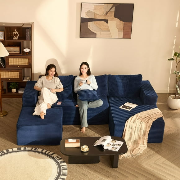 BIGSYY Canapé d'Angle Modulaire 107 Po Sans Structure, avec Assise Profonde, Style Nuage, Idéal pour le Salon, Livré Monté, en Velours Côtelé, en Forme de U, 3 Places à Droite, Bleu.