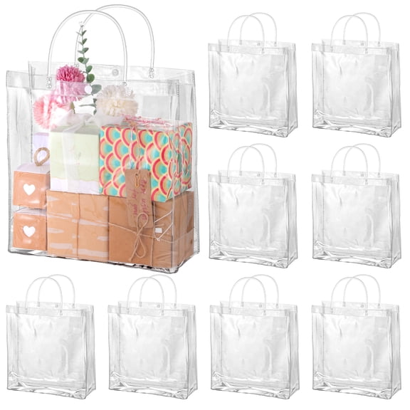 25 Pack 11"x11"x4" Clear Gift Bags with Handle, Large Plastic Bags Gift Wrap Tote Bag Reusable Clear Bags for Gifts Wedding Valentine's Day Party Favors