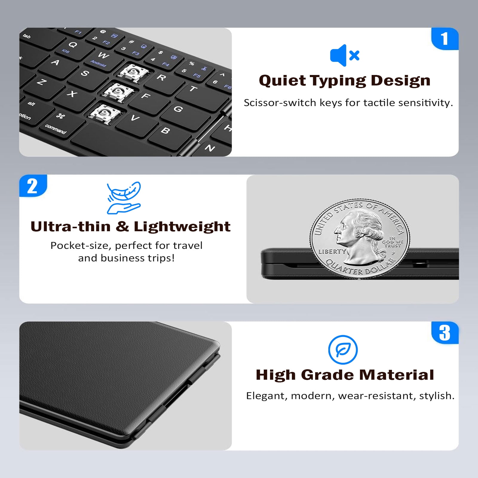 RONY Foldable Wireless Bluetooth Keyboard: Rechargeable Portable Travel Keyboard for Android Windows System Laptop Tablet Smartphone