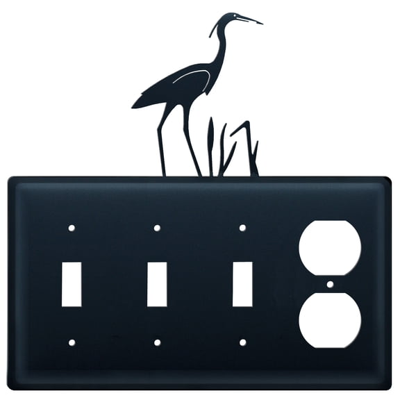 Triple Switch and Duplex Outlet Cover with Heron Bird Accent, Black