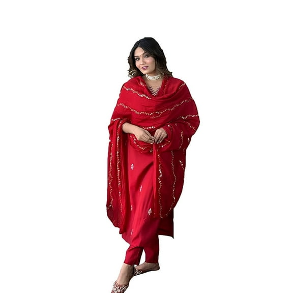 Yashika Women Pink Embroidered Chanderi Fabric Straight Kurta, Pant and Dupatta Set - Indian Ethnic Traditional Wear Kurta Set