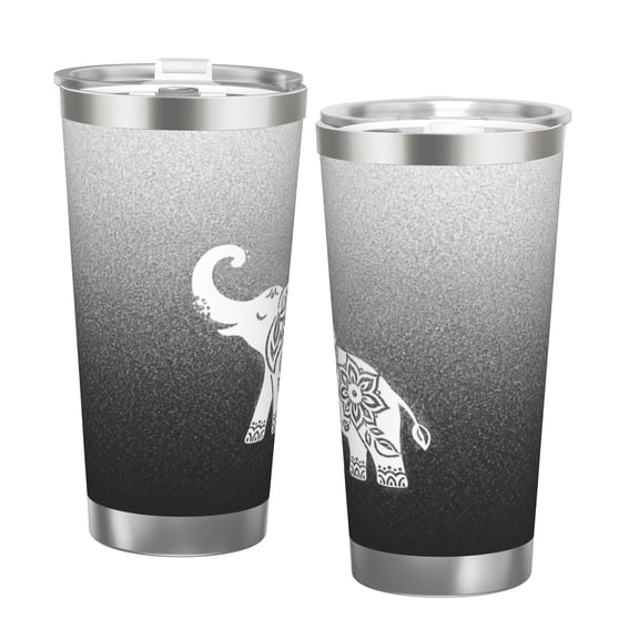20oz Mandala Elephant Tumbler with Handle and Straw Boho Floral Stainless Steel Insulated Travel Coffee Cup Gift with Double Silver Rim