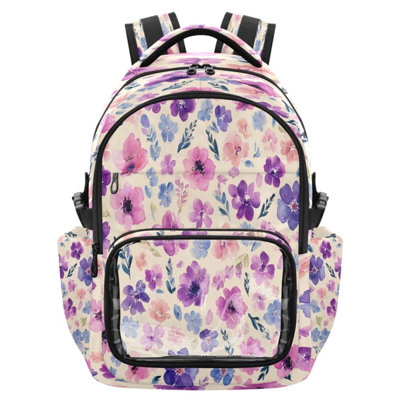 Qxltty Delicate Floral Print Backpack School Bookbag with Clear PVC Front Pocket, Laptop Compartment, Water Resistant Travel Daypack for Students