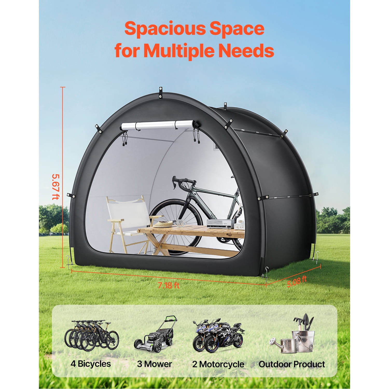 KFFKFF Outdoor Bike Shelter, Holds 4-5 Bicycles, Spacious Tent with Ventilation Window, Water-Resistant Fan-Shaped Design, Durable Fiberglass Frame & Double Zippers, Suitable for Bikes