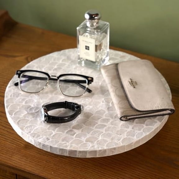 12 Inch Capiz Lazy Susan, Decorative Lazy Susan Turntable Centerpiece for Dining Table, Kitchen Counter, Round Mother of Pearl Capiz Shell Spinning Tray for Countertop & Tabletop (White)