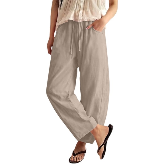 Petite Linen Pants for Women Wide Leg Sweatpant Summer Casual Lightweight Breathable Trousers with Pockets