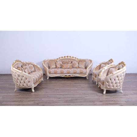 Luxury Beige & Gold Wood Trim VALENTINE Sofa Set 4 EUROPEAN FURNITURE Classic