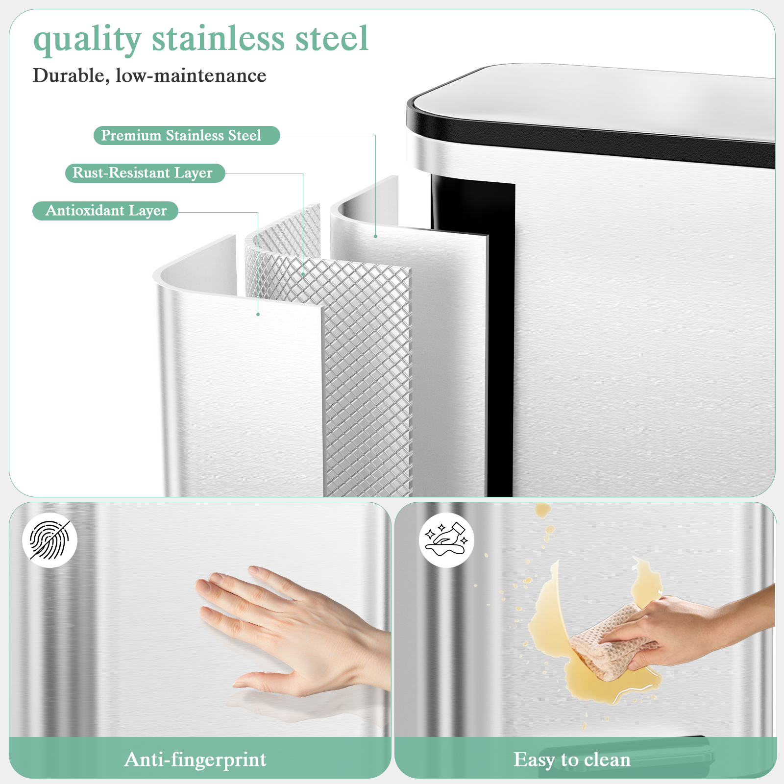 Arlopu 8 Gallon Stainless Steel Step Kitchen Trash Can with Lid, Square Garbage Can for Indoor, Silver