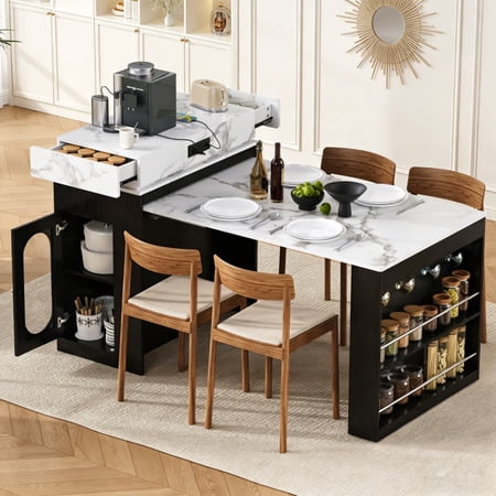Extendable Dining Table with Folding Tabletop - Bar Table with Drawers and Power Outlet Kitchen Island with Wheels and Hooks Sideboard for Kitchen Dining Room Apartment