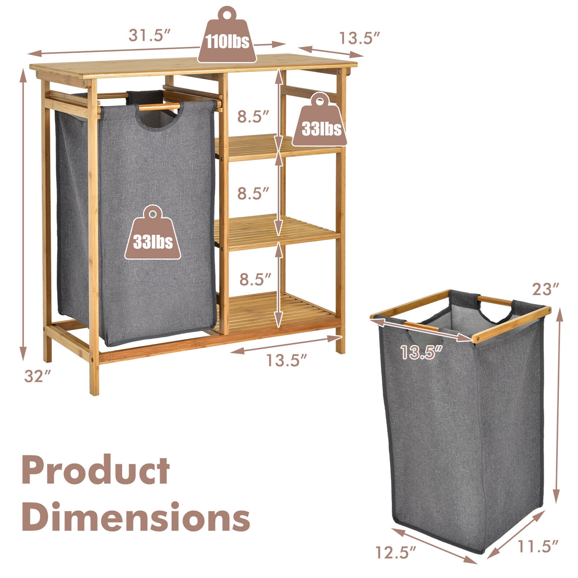 Gymax Laundry Hamper Basket Table Bamboo w/Storage Shelves and Sliding Bag