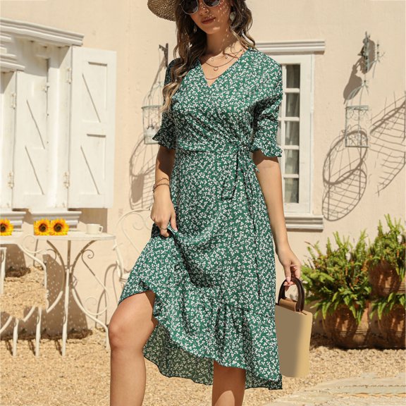 Vedolay for Womens Sleeveless Summer Dress Crewneck Ribbed Knit Ruffle Swing Button Down Beach Sun Mini Tank Short Dresses,Green XXL