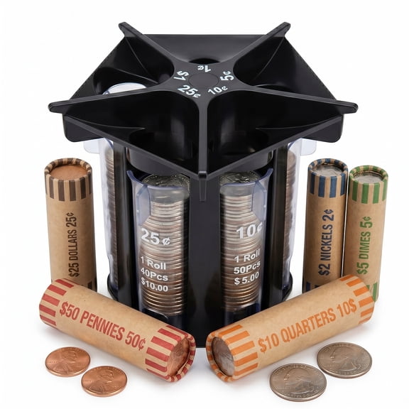 Coin Sorter Tube 5-In-1 Coin Counter with Coin Wrappers Change Sorter Coin Organizer & Coin Holder Coin Roller