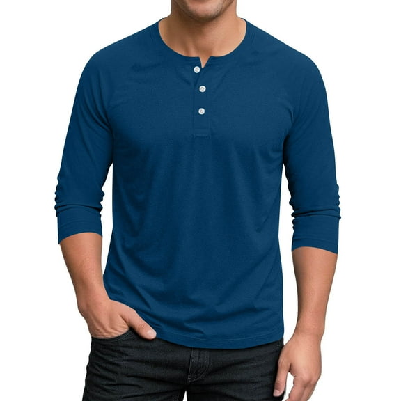 GuangCheng Mens Henley Long Sleeve T-Shirts,Slim Fit,Soft,Cotton Blend,Button Placket Shirts Pullover Tops,Navy,Size S