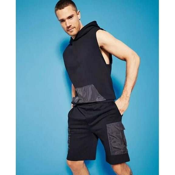 Royalty by Maluma Men's Relaxed-Fit Mixed-Media 9-1/2 Utility Shorts Black-XL